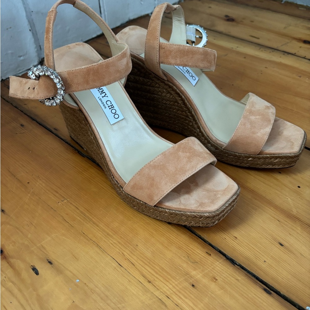Jimmy Choo Peach Suede Espadrille Wedge Sandals with Crystal Buckle